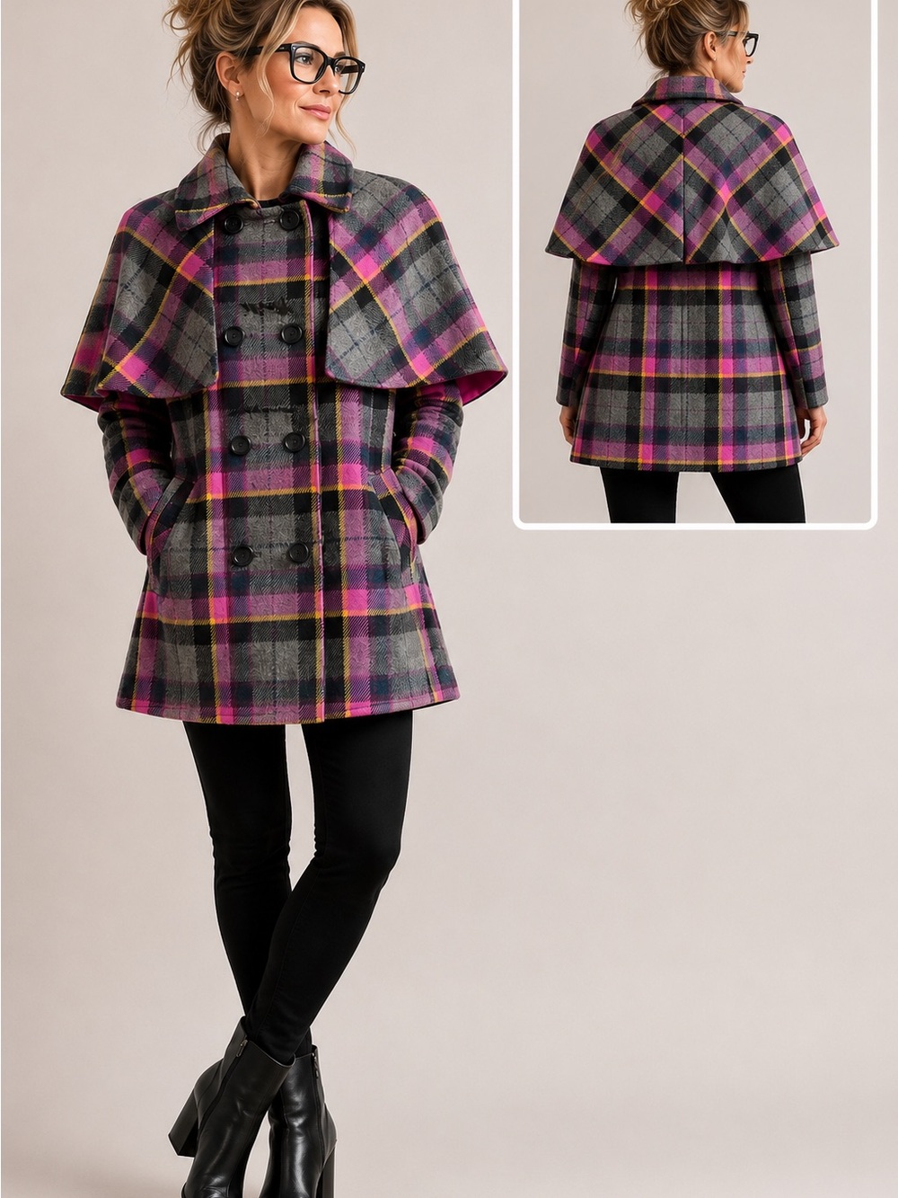 Ted Baker Wool Plaid Cape Coat Jacket Pink Grey Size 2